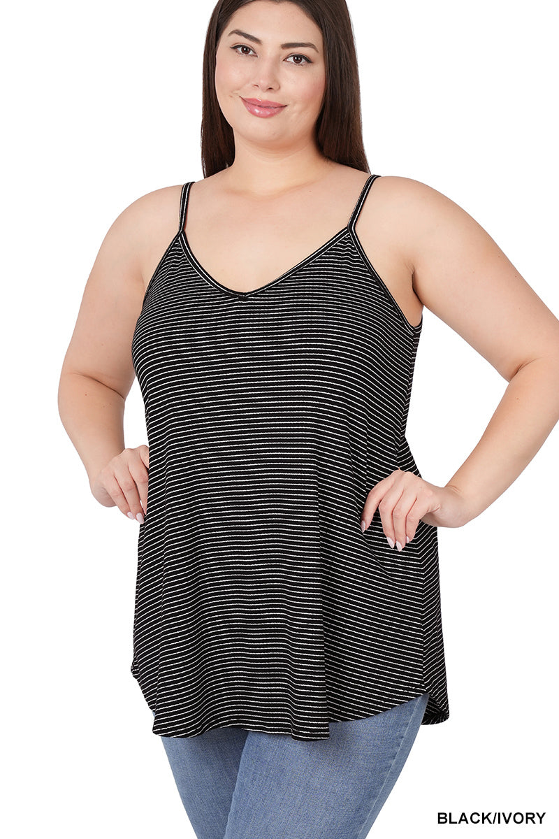 Stripe V-Neck Spaghetti Cami | Black & Ivory