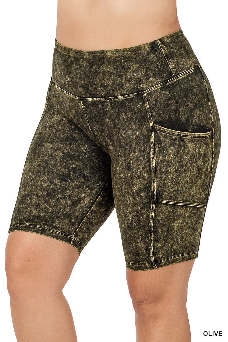Olive Mineral Wash Pocket Shorts