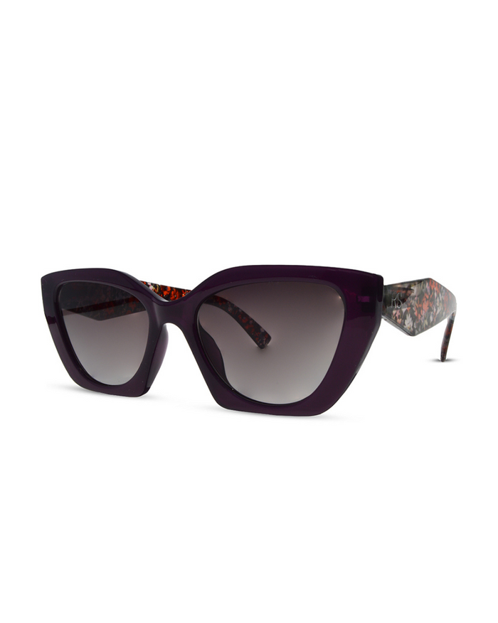 Purple sunglasses with floral patterned arms on a white background