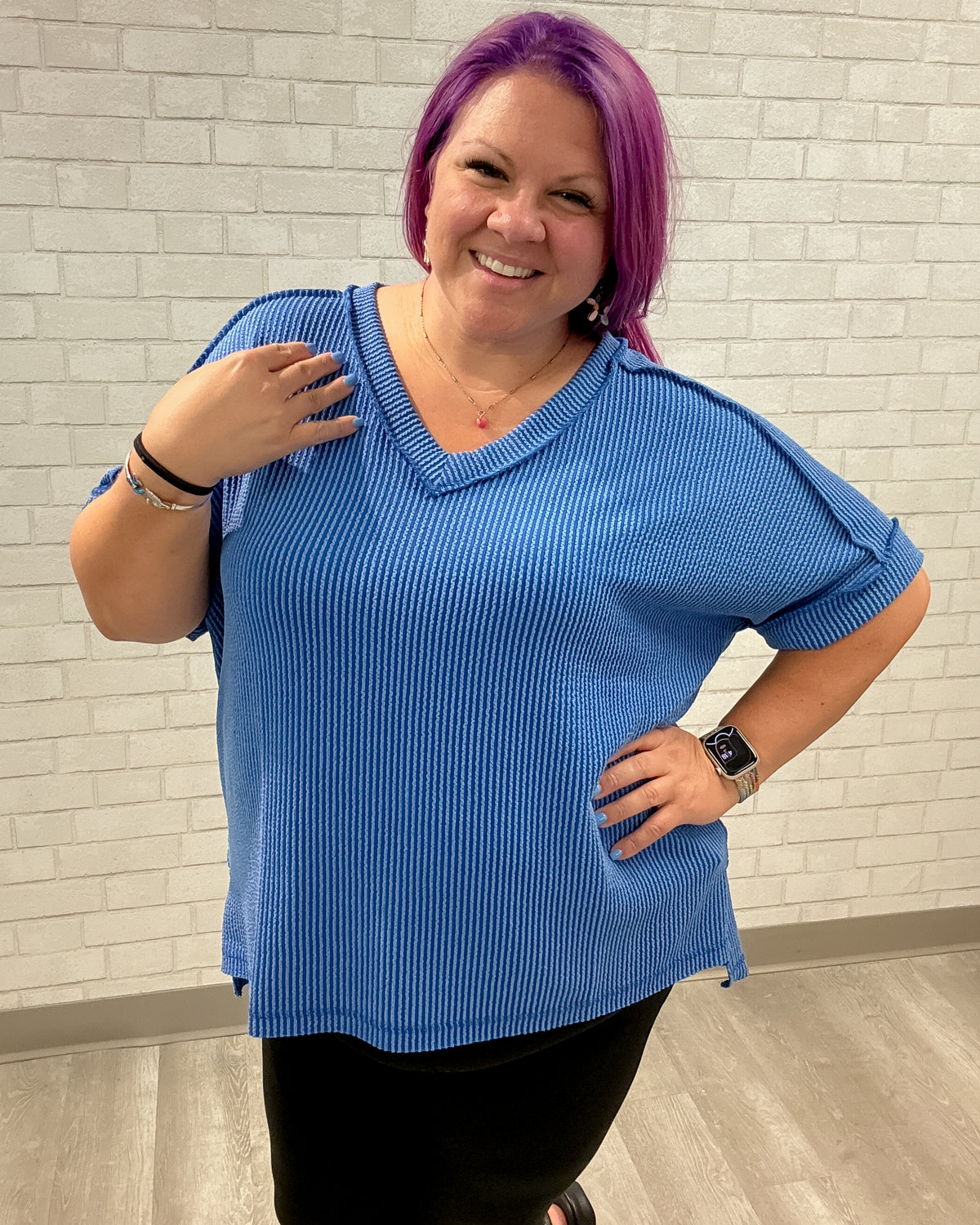Urban Ribbed Hi-Low V-Neck Top | Bright Blue