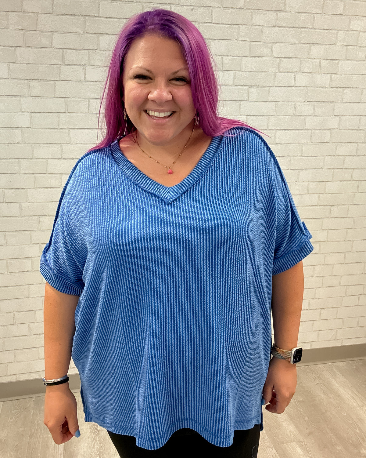 Urban Ribbed Hi-Low V-Neck Top | Bright Blue