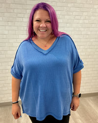 Urban Ribbed Hi-Low V-Neck Top | Bright Blue