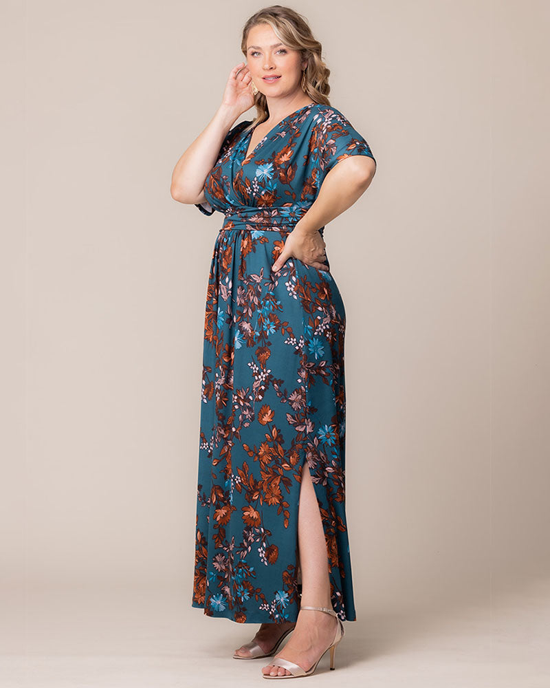 Vienna Kimono Sleeve Maxi Dress | Teal Blue Asters