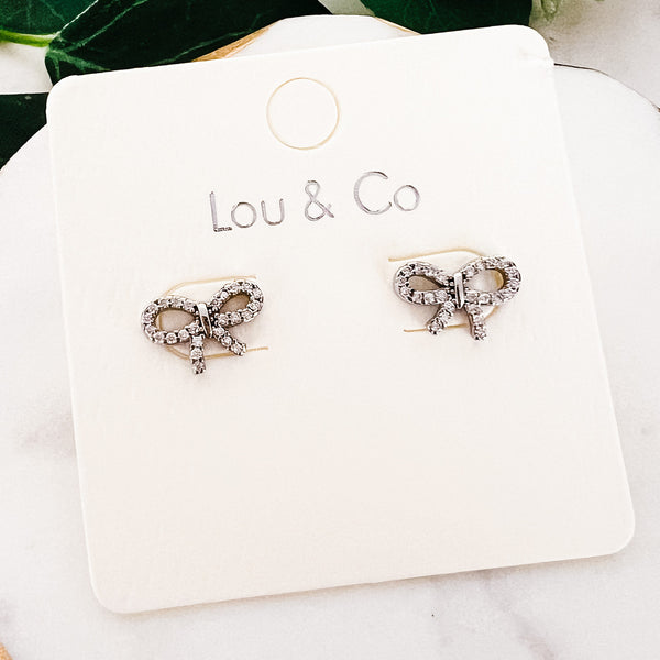 Small CZ Bow Stud Earrings | Silver