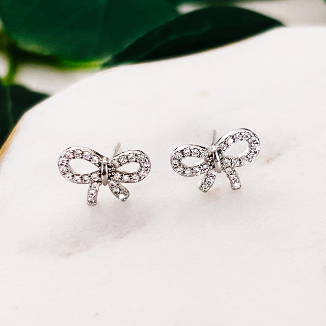 Small CZ Bow Stud Earrings | Silver