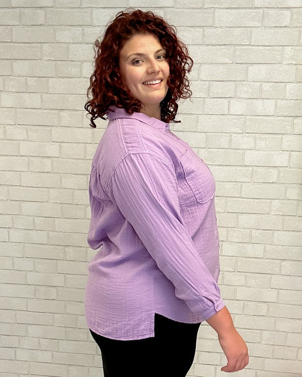 Long Sleeve Flowy Button Up Shirt in Deep Lilac