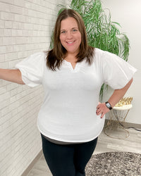 Balloon Sleeve V-Notch Top in White